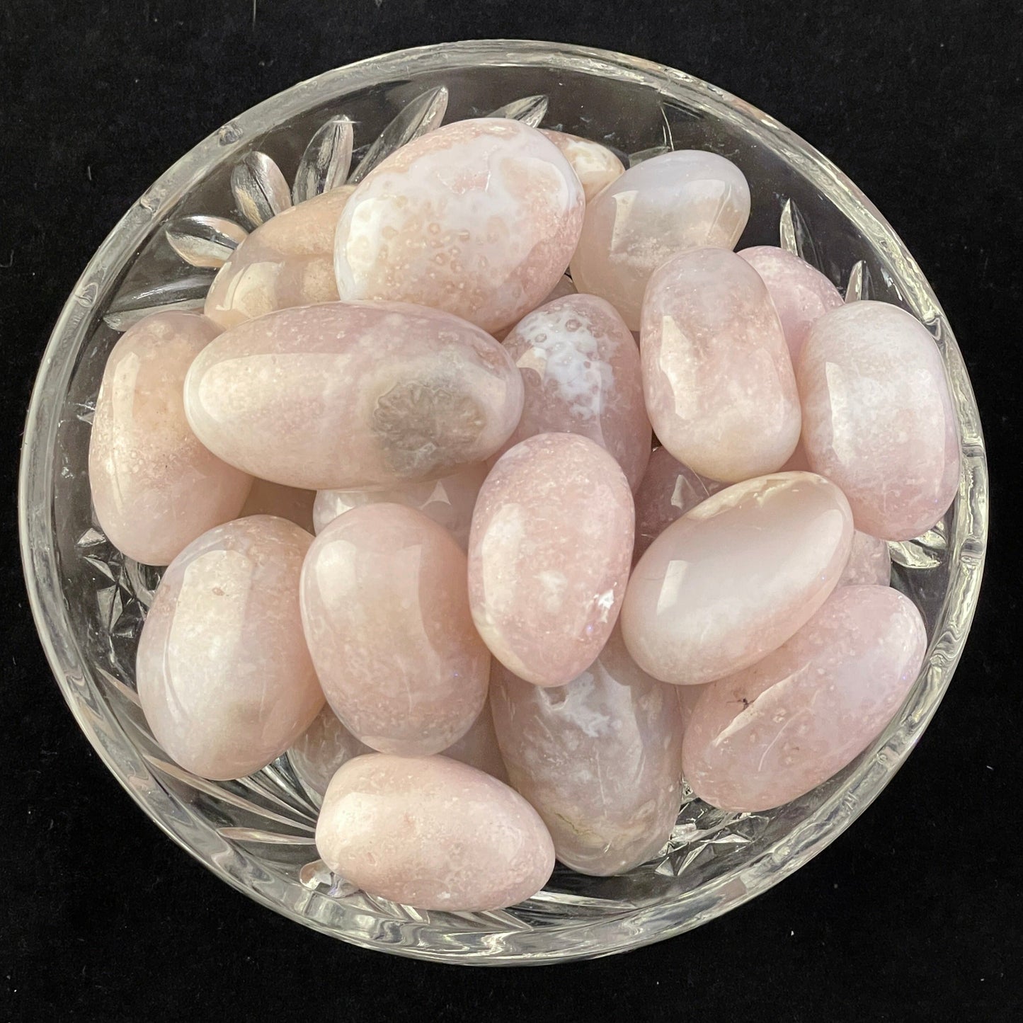 Flower Agate tumbled stone, soft pink with pale chalcedony plumes