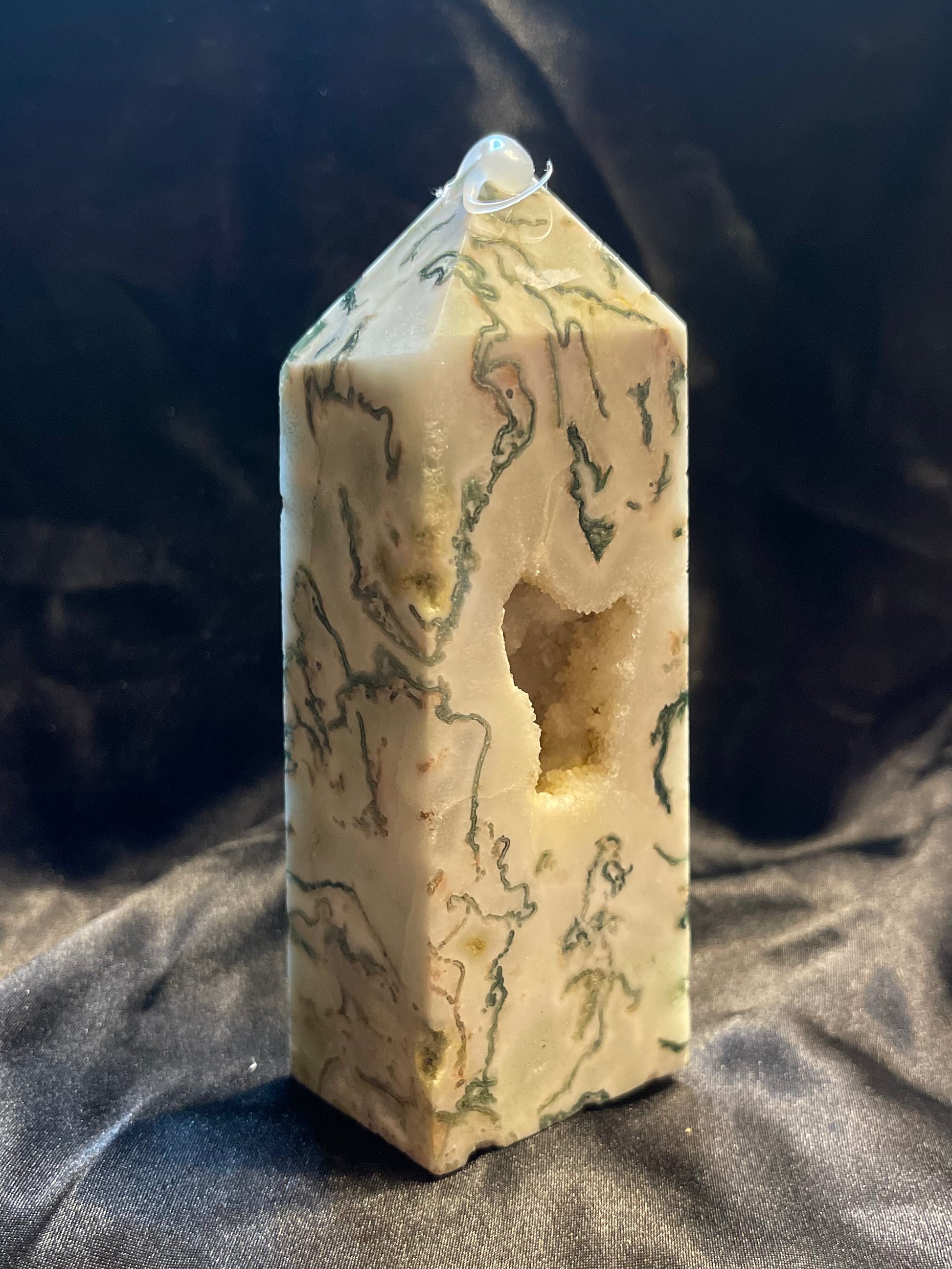 Tree Agate w/Druzy crystal tower, turned to catch the light