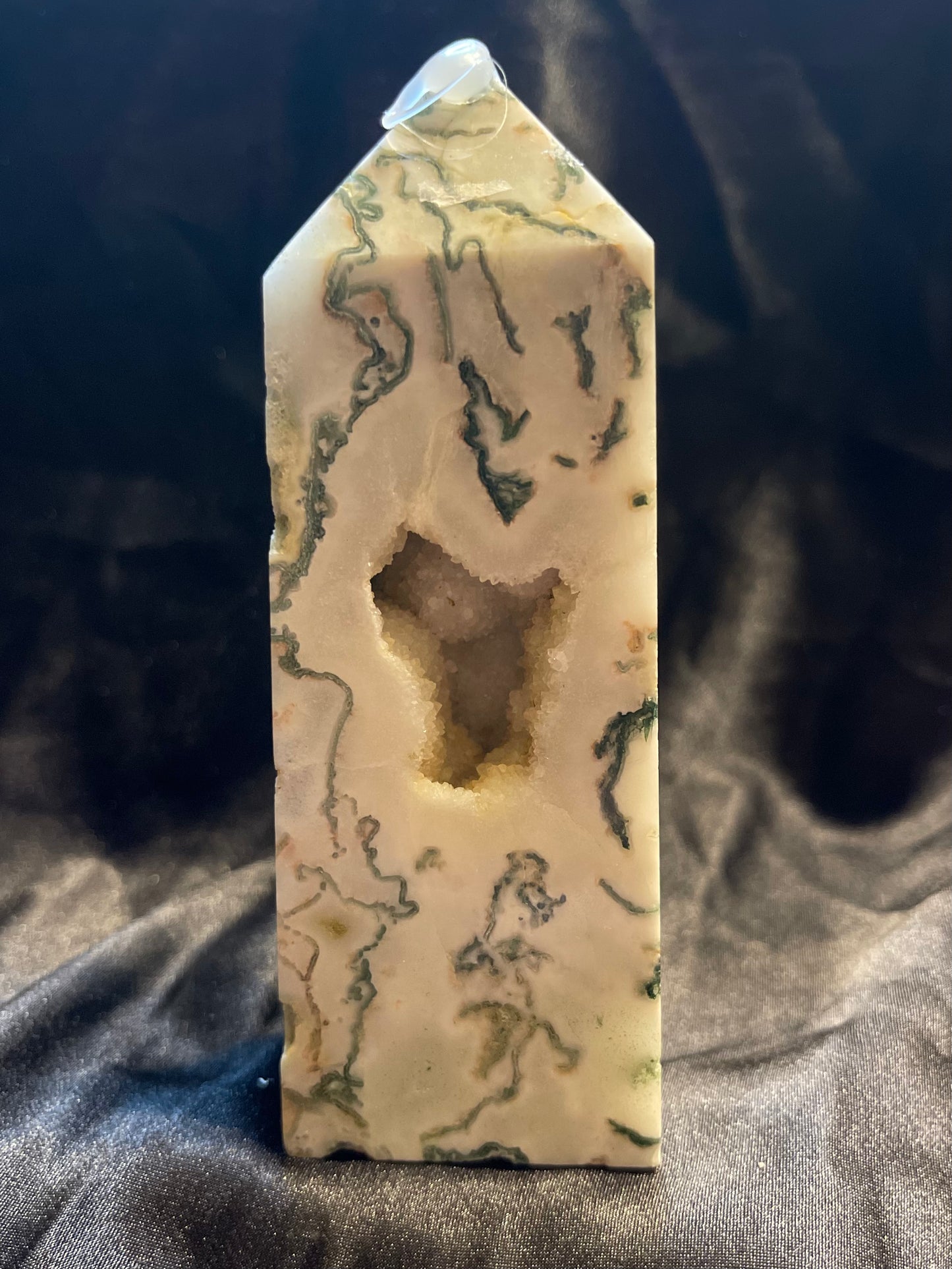Tree Agate w/Druzy crystal tower, milky white with green dendritic veining