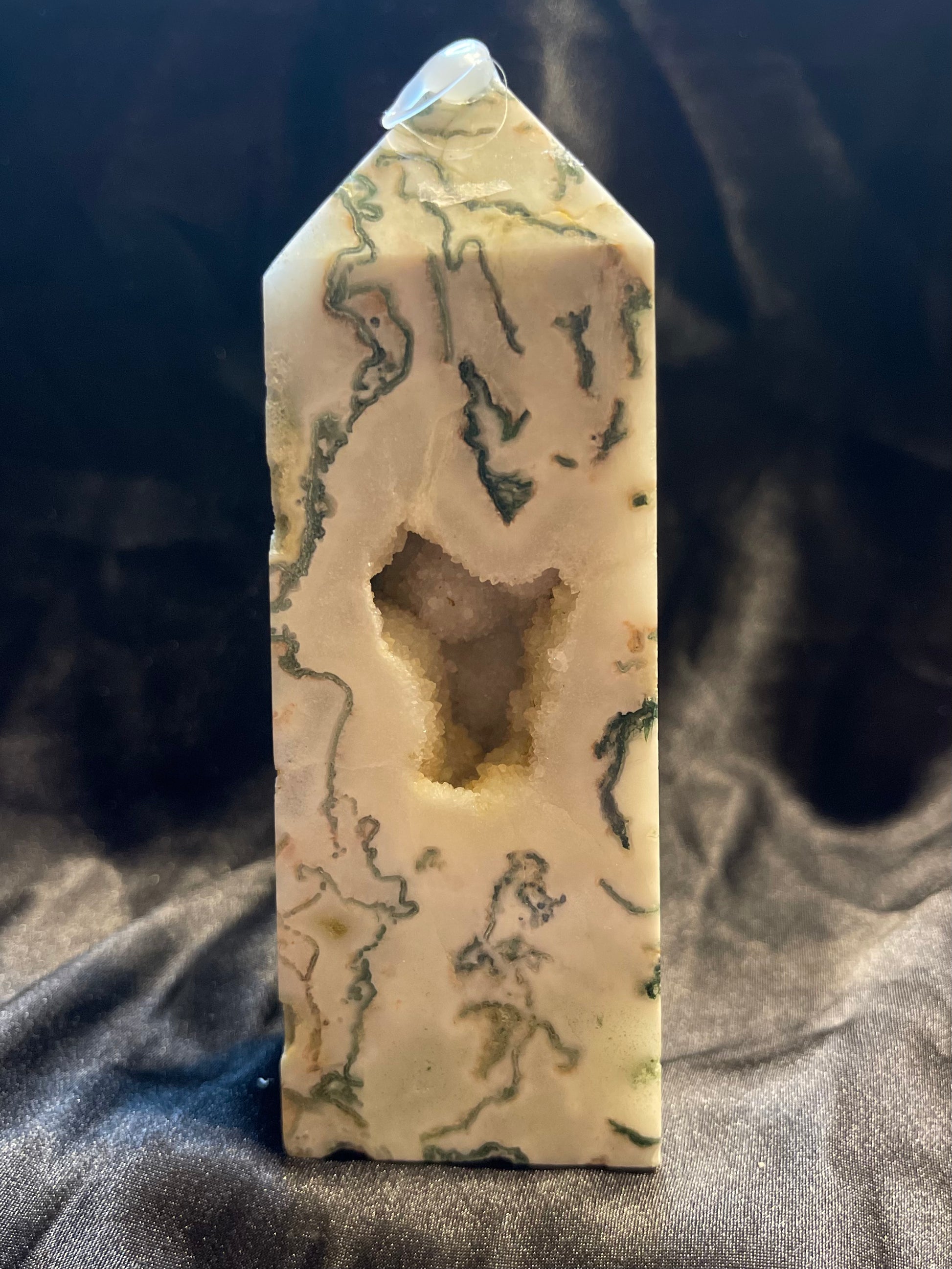 Tree Agate w/Druzy crystal tower, milky white with green dendritic veining