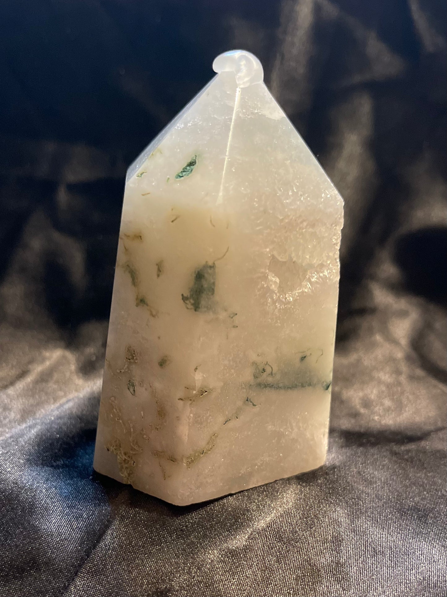 Tree Agate in Quartz with Druzy crystal tower, held in hand for scale