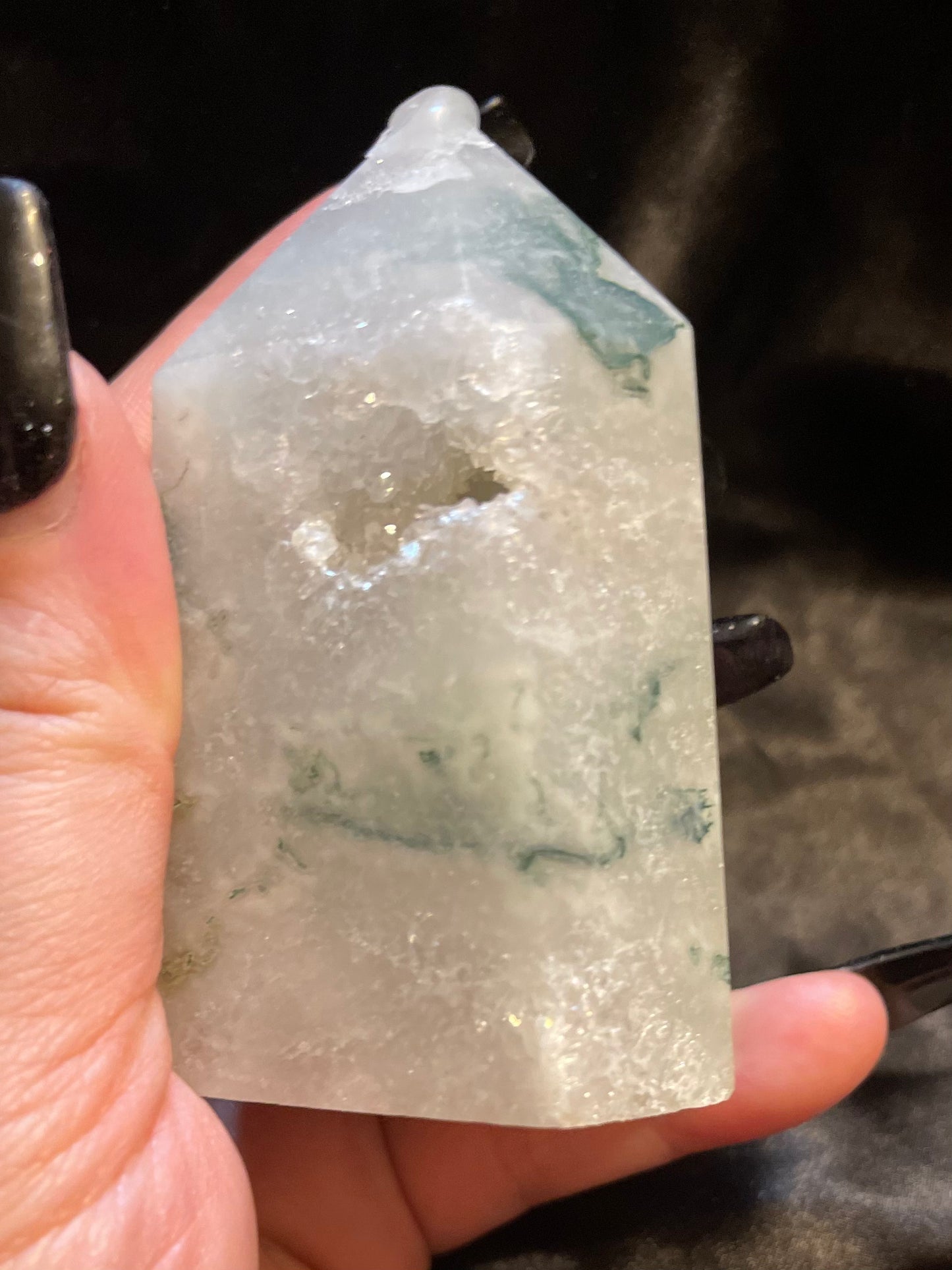Tree Agate in Quartz with Druzy crystal tower, shown against a dark backdrop