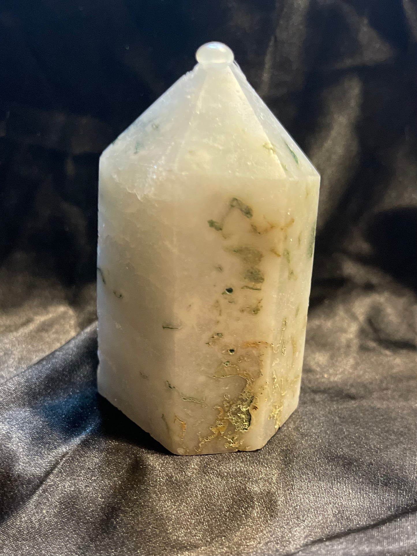 Tree Agate in Quartz with Druzy crystal tower, turned to catch the light