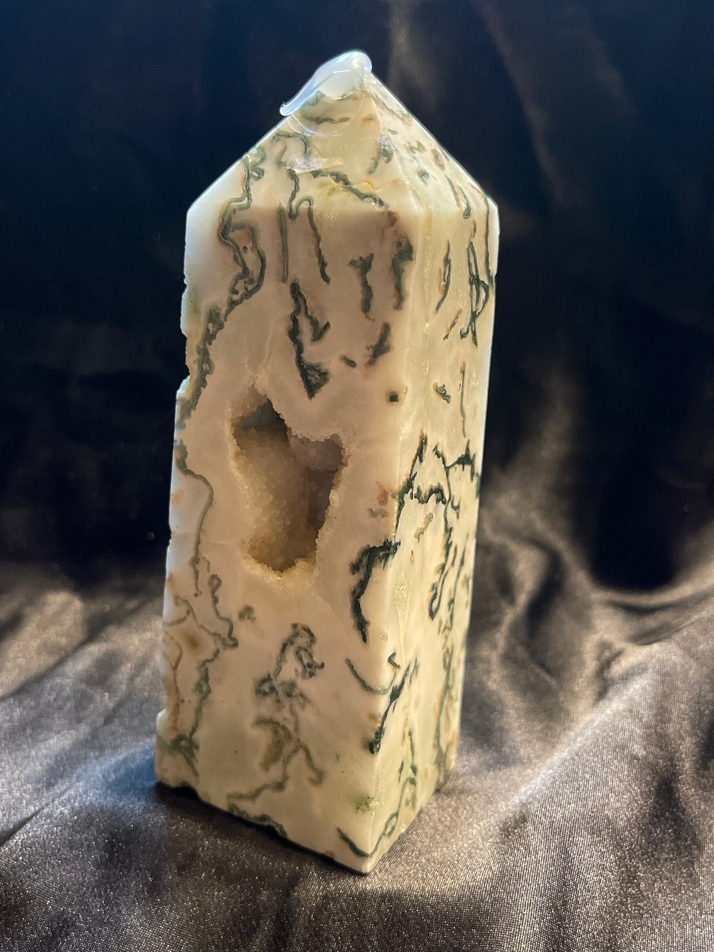 Tree Agate w/Druzy crystal tower, held in hand for scale